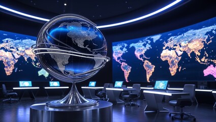 High-Tech Global Command Center with Digital Globe and World Map Displays