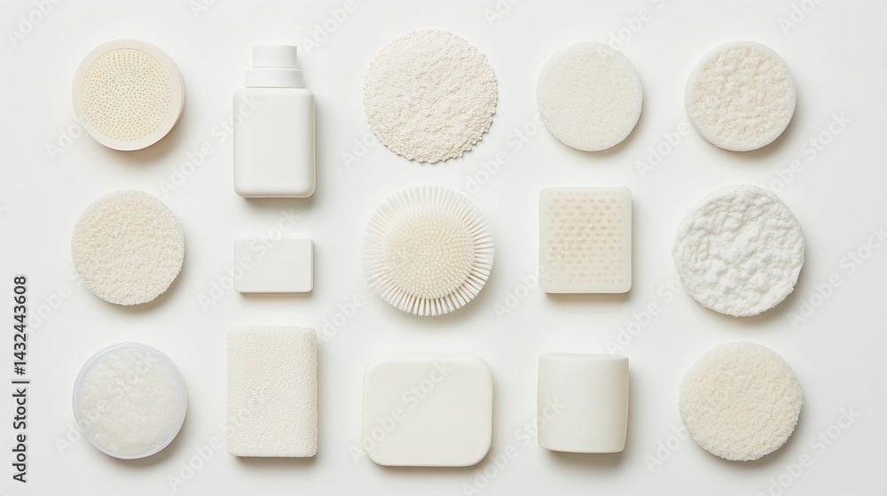 Poster a collection of white textured skincare products displayed on a light background, showcasing various