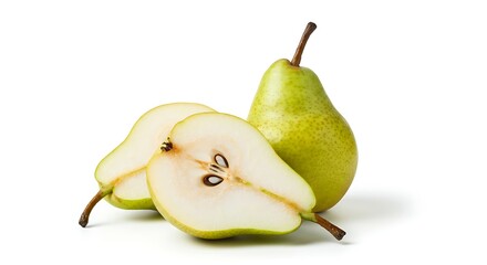 Ripe pear whole and halved on a white background. 