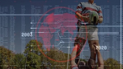 Three rugby players lifting teammate on grassy pitch, catching rugby ball with animated HUD overlay