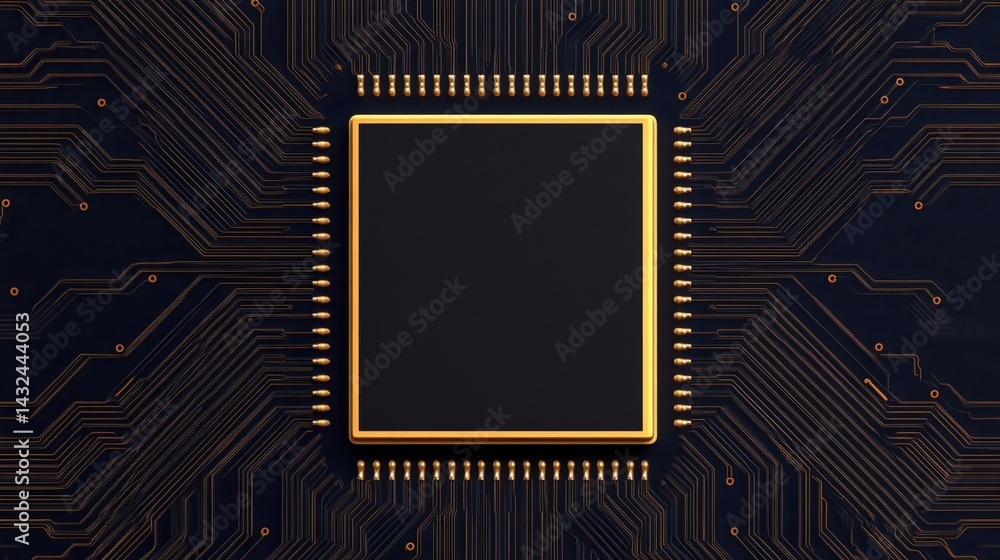 Poster a close-up view of a microchip on a circuit board, showcasing intricate lines and gold details, symb