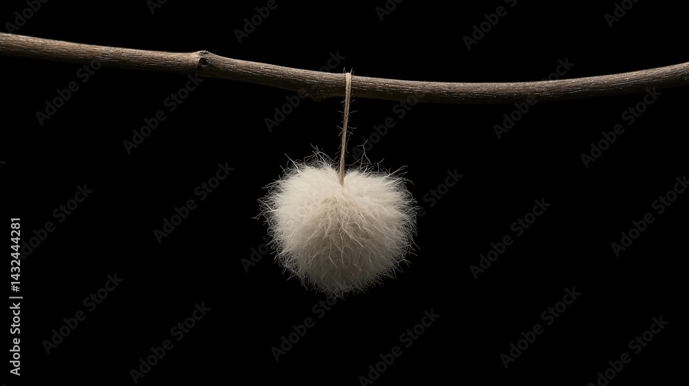 Poster a fluffy, white, spherical object hangs delicately from a thin branch against a dark background, emp