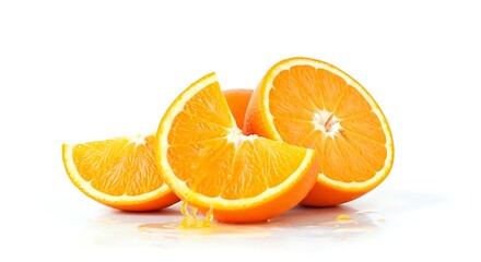 Bahia orange cut in half with segments exposed on a white background, showing intense orange color and juiciness. Small juice droplets visible, evoking freshness and vitamin-rich appeal.