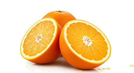 Fototapeta premium Bahia orange cut in half with segments exposed on a white background, showing intense orange color and juiciness. Small juice droplets visible, evoking freshness and vitamin-rich appeal.