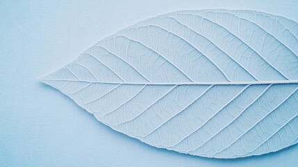 Obraz premium A delicate, white leaf showcasing intricate vein patterns against a soft blue background, creating a serene and minimalist aesthetic.