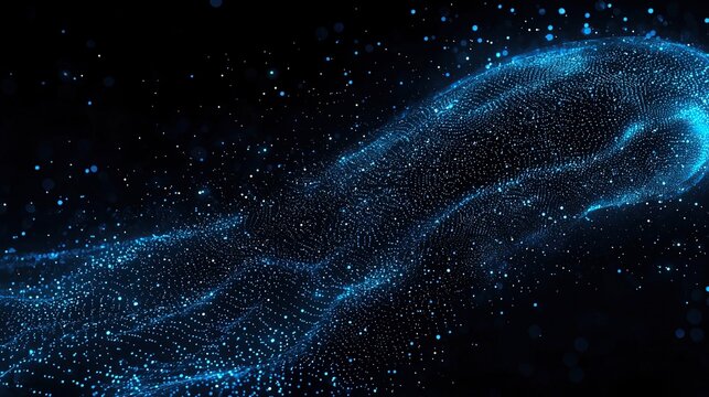 Abstract blue digital background with glowing dots and waves of particles on a black backdrop, illustrating futuristic artificial intelligence technology in a vector style.
