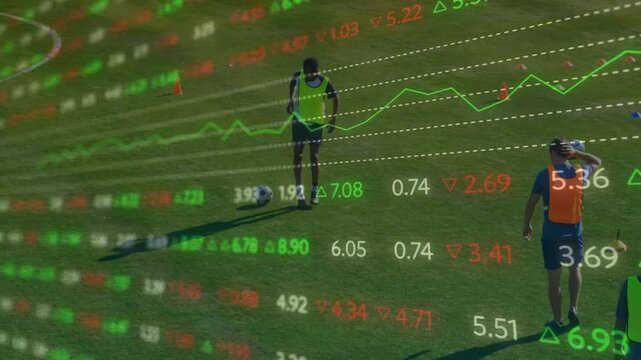 Five soccer players practicing drill outdoors, overlaying finance line graphs and numeric data