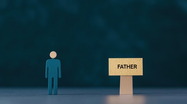 A wooden figure stands beside a sign that reads "FATHER," symbolizing family, relationships, and paternal roles against a blurred background.
