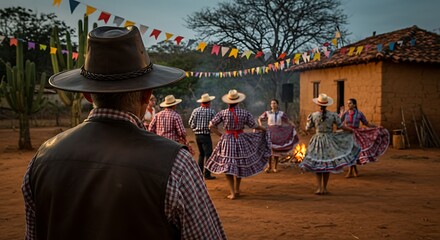 Festive outdoor celebration with dancers in traditional attire