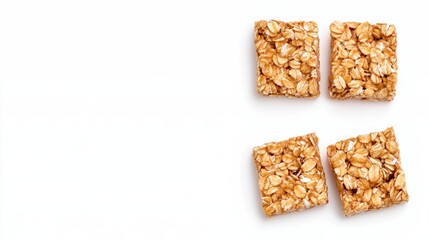 A clean, minimalist image featuring four square granola bars made from oats, set against a plain white background.