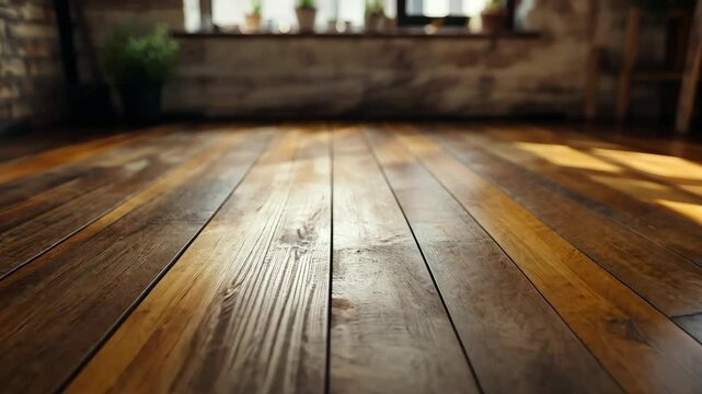 Sunlit rustic wooden floor in industrial loft