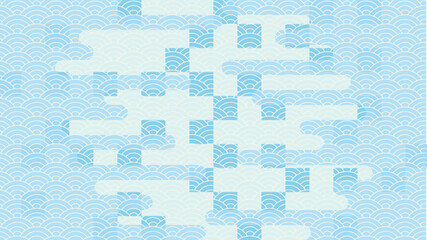 青海波と市松模様を組み合わせた涼しげな和風背景素材（水色）