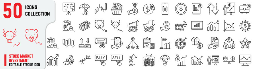 Stock Market editable stroke icon set also includes trading, investment, financial analysis, currency, equity, dollar, IPOs, charts, portfolio, and economic growth illustrations