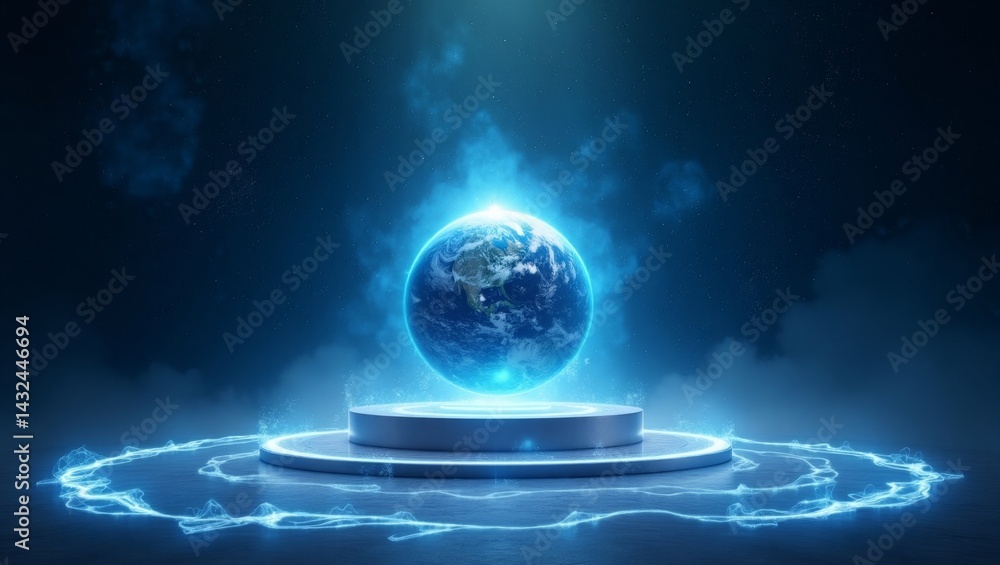 Poster a futuristic rendering depicting earth hovering above a glowing platform