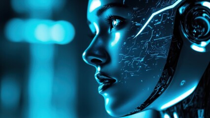 Female humanoid robot with glowing circuits