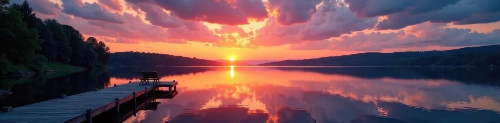 Fototapeta premium Serene sunset, lake, wooden chairs, dock, trees, colorful clouds , stillness, beautiful