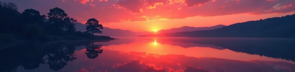 Obraz premium Silhouetted trees mirrored in still lake sunset , still water, eventide