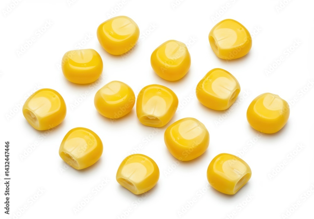Poster a close up shot of several yellow corn kernels scattered on a white surface in a studio setting view
