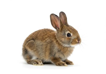 Obraz premium Close up shot of a brown rabbit sitting on a white background looking to the right side view shot