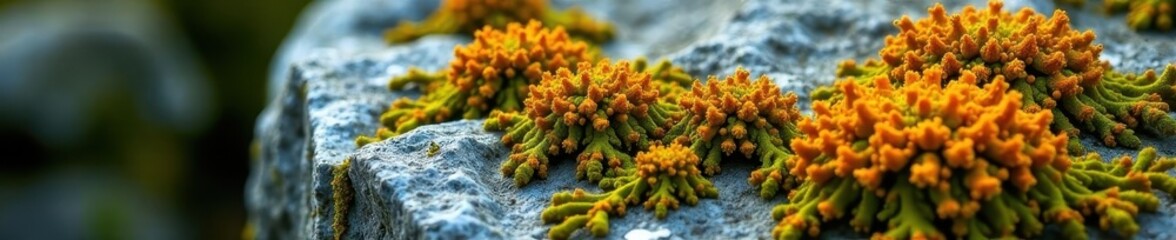 Vibrant orange, green lichen on grey stone Close-up texture , orange, colorful