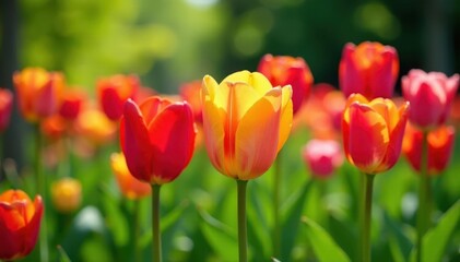 Obraz premium Vibrant multicolored tulips blooming in a lush garden , macro, multicolored blooms