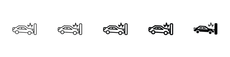 Set of 5 pixel perfect car Accident icon with 1 unexpanded, 1 silhouette, car accident icon illustrating a vehicle crash or road collision in a clear visual alert format.