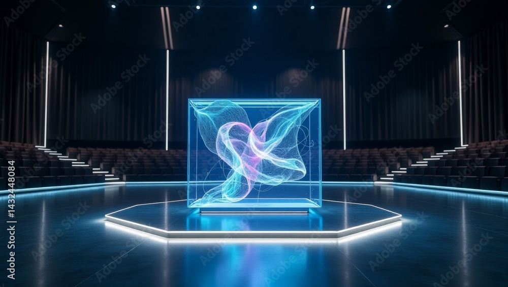 Poster futuristic stage presentation with abstract holographic display in a dark environment