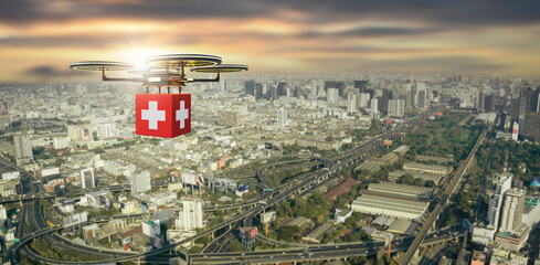 Drone delivery of medicine and vaccines to people in quarantine, showcasing future healthcare and...