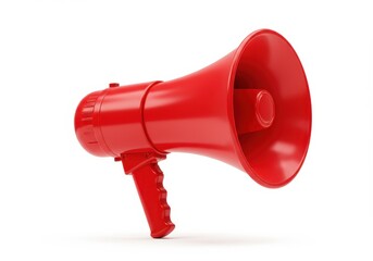 A vibrant red megaphone with a handle on a clean white background in a studio setting, angled view
