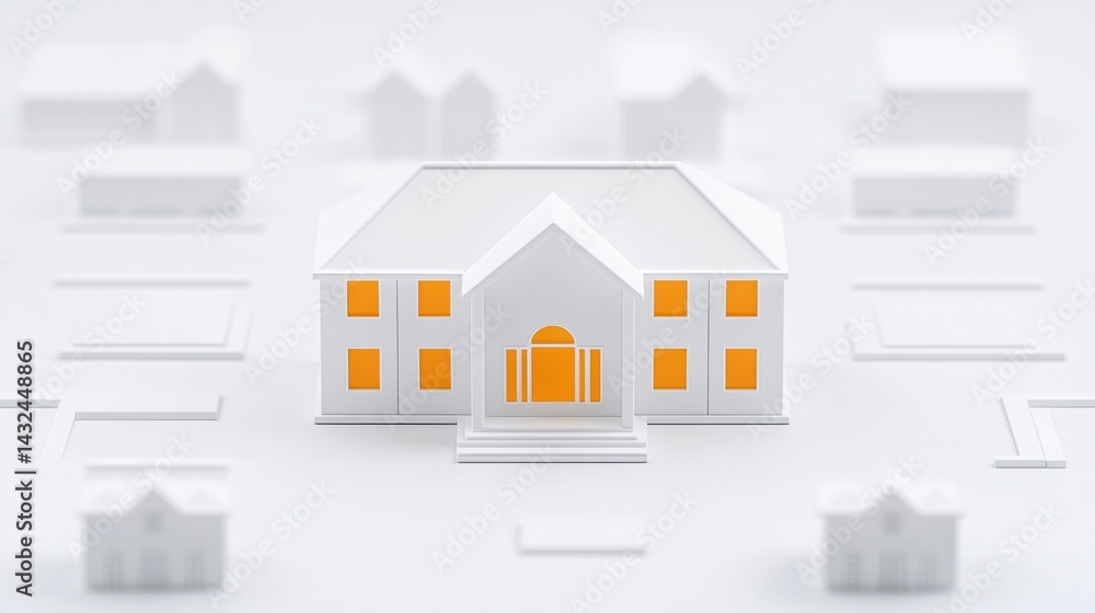 Poster a minimalist architectural model featuring a central white building with orange accents, surrounded 