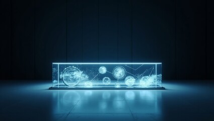 Futuristic digital display illuminated in dark setting showcasing data visualization