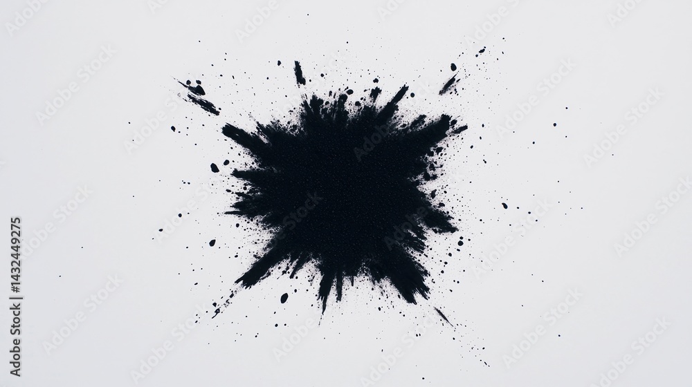 Poster a black paint splash on a white background, creating a stark contrast that emphasizes texture and ar