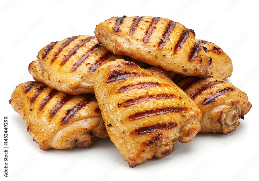 Poster a pile of grilled chicken thighs with grill marks on a white background in a studio setting view clo