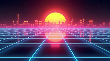 professional PowerPoint background featuring a retro 80s-inspired grid pattern with vibrant, glowing neon