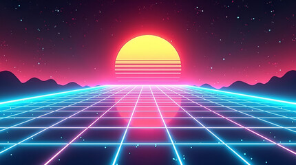 professional PowerPoint background featuring a retro 80s-inspired grid pattern with vibrant, glowing neon