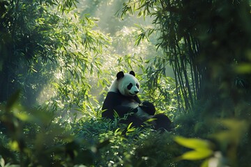 Obraz premium A panda bear sitting amongst bamboo trees in a lush green forest with sunlight streaming through