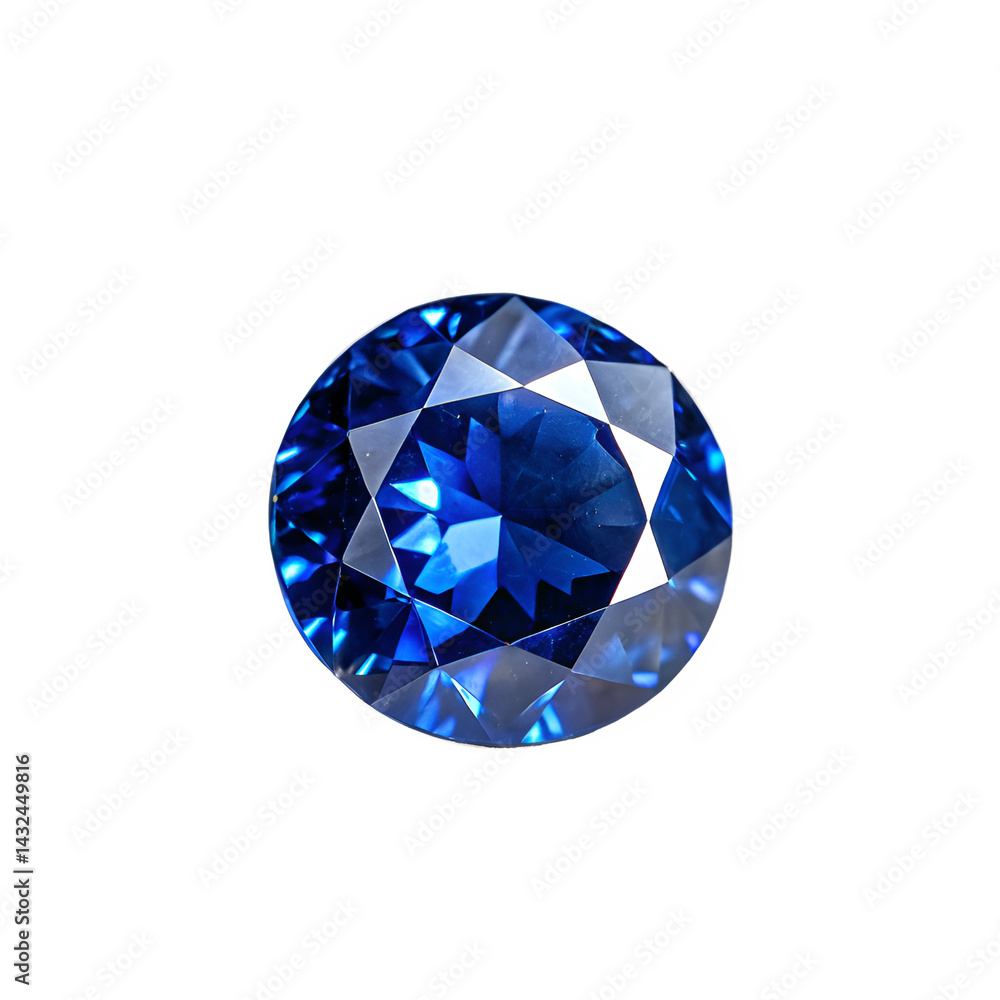 Poster a macro image of a loose brilliant-cut sapphire, highlighting its play of light and deep blue color 
