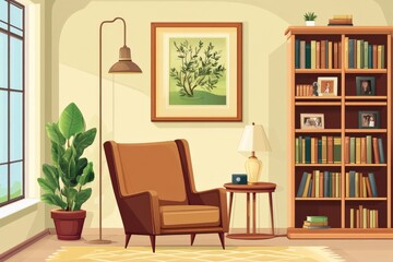A cozy living room with a brown chair, a lamp, a potted plant, and a bookshelf filled with books. The room has a warm and inviting atmosphere, perfect for relaxing and reading