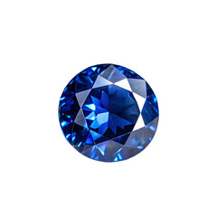 A macro image of a loose brilliant-cut sapphire, highlighting its play of light and deep blue color with intricate facets.