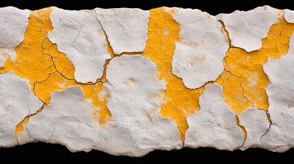 Obraz premium A cracked surface with vibrant yellow and dull gray textures, showcasing the effects of weathering and decay.
