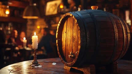 A rustic wooden barrel sits on a table in a warm, cozy bar, illuminated by candlelight. Perfect for a relaxing evening.