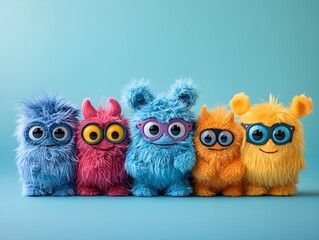 "Vintage Stuffed Animals Group on Blue Background"