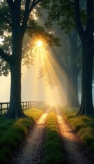 Fototapeta premium Sunlight filters through fog, illuminating a tranquil country lane amidst ancient trees , morning, daybreak