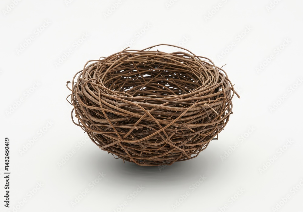 Poster a bird nest made of twigs on a white background with a simple design and a natural brown color tone