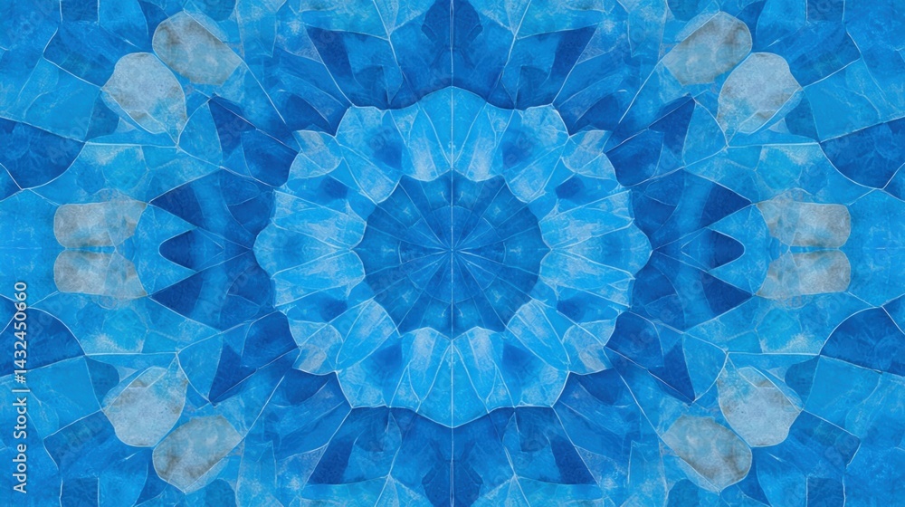 Poster a vibrant blue kaleidoscopic pattern featuring intricate shapes and textures, creating a mesmerizing
