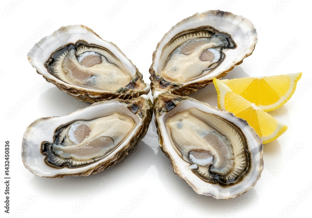 Poster a close up of four open oysters arranged with two lemon wedges on a white reflective surface top vie