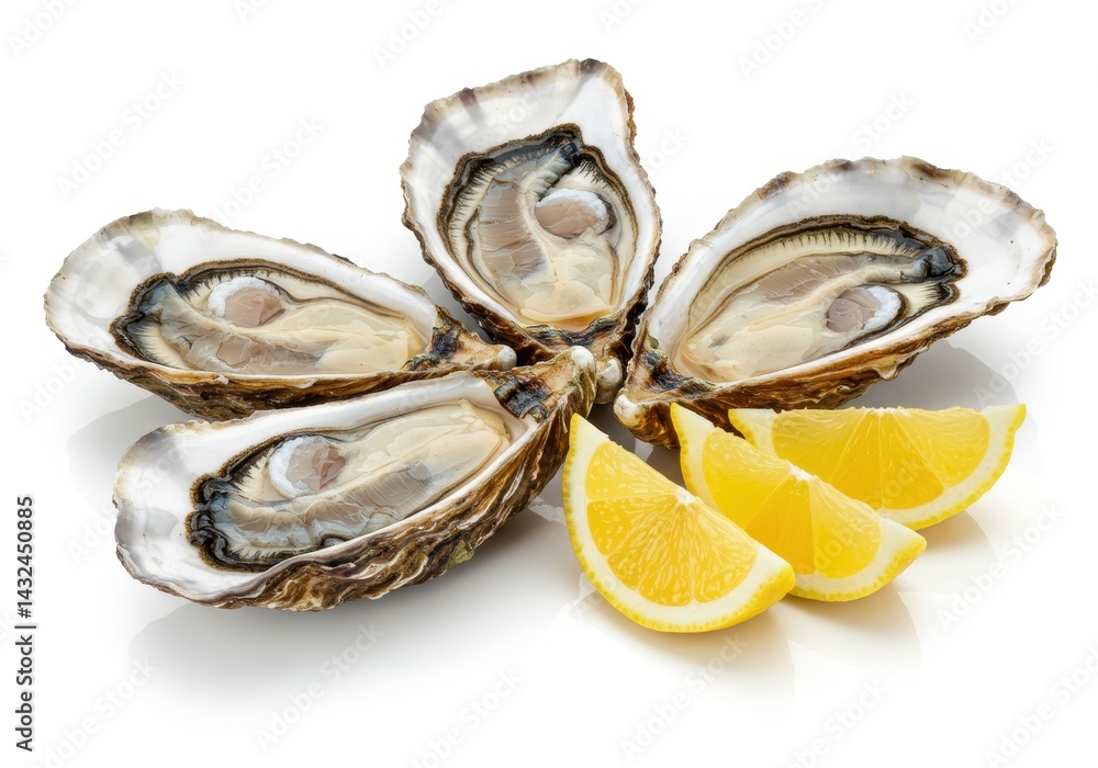 Poster four oysters on a white background with three slices of lemon arranged in a semi circle shape near t
