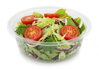 Close up of a fresh salad with tomatoes and lettuce in a clear plastic bowl on a white background