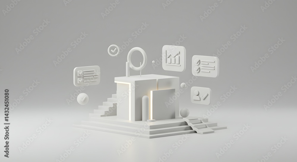 Poster abstract 3d render of modern business architecture growth, strategy, and data analysis visualization