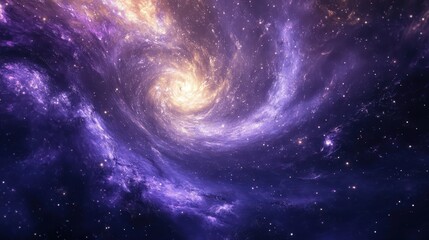 Obraz premium Mystical Galaxy Swirl in Purple and Gold Hue, Stars Sparking in Depths of Space, Immersive Cosmic Beauty Unveiled
